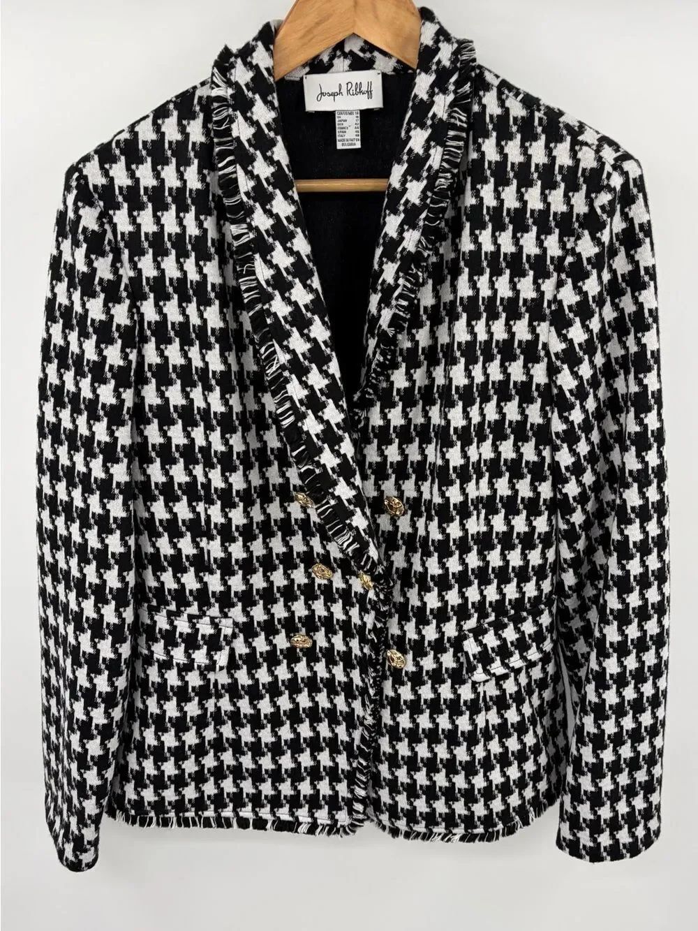 Joseph Ribkoff black and white houndstooth gold button tweed blazer women’s 14